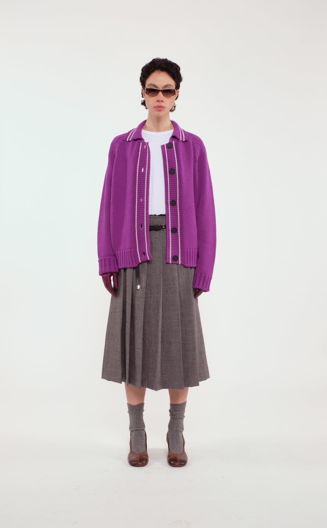 Purple Wool Long-Sleeved Cardigan Polo With Contrasting White Lines