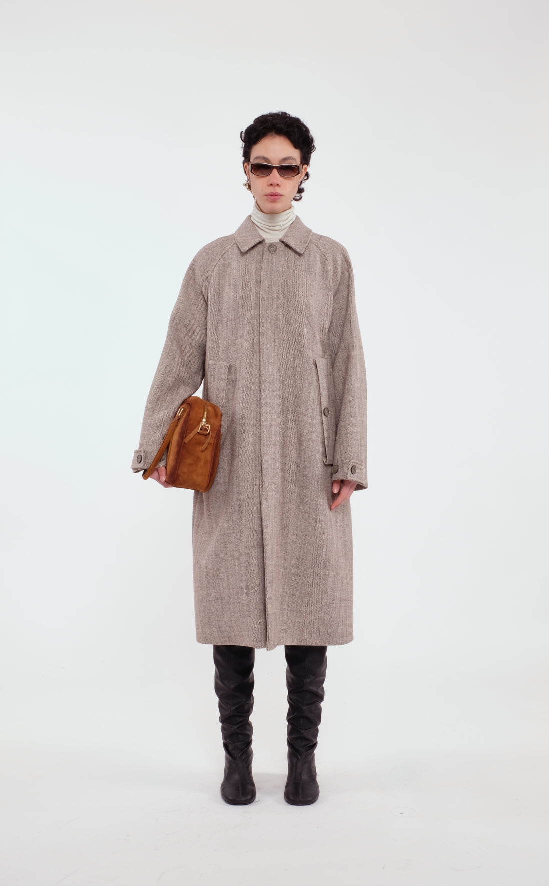 Long Herringbone Wool Coat With Buttons Detail