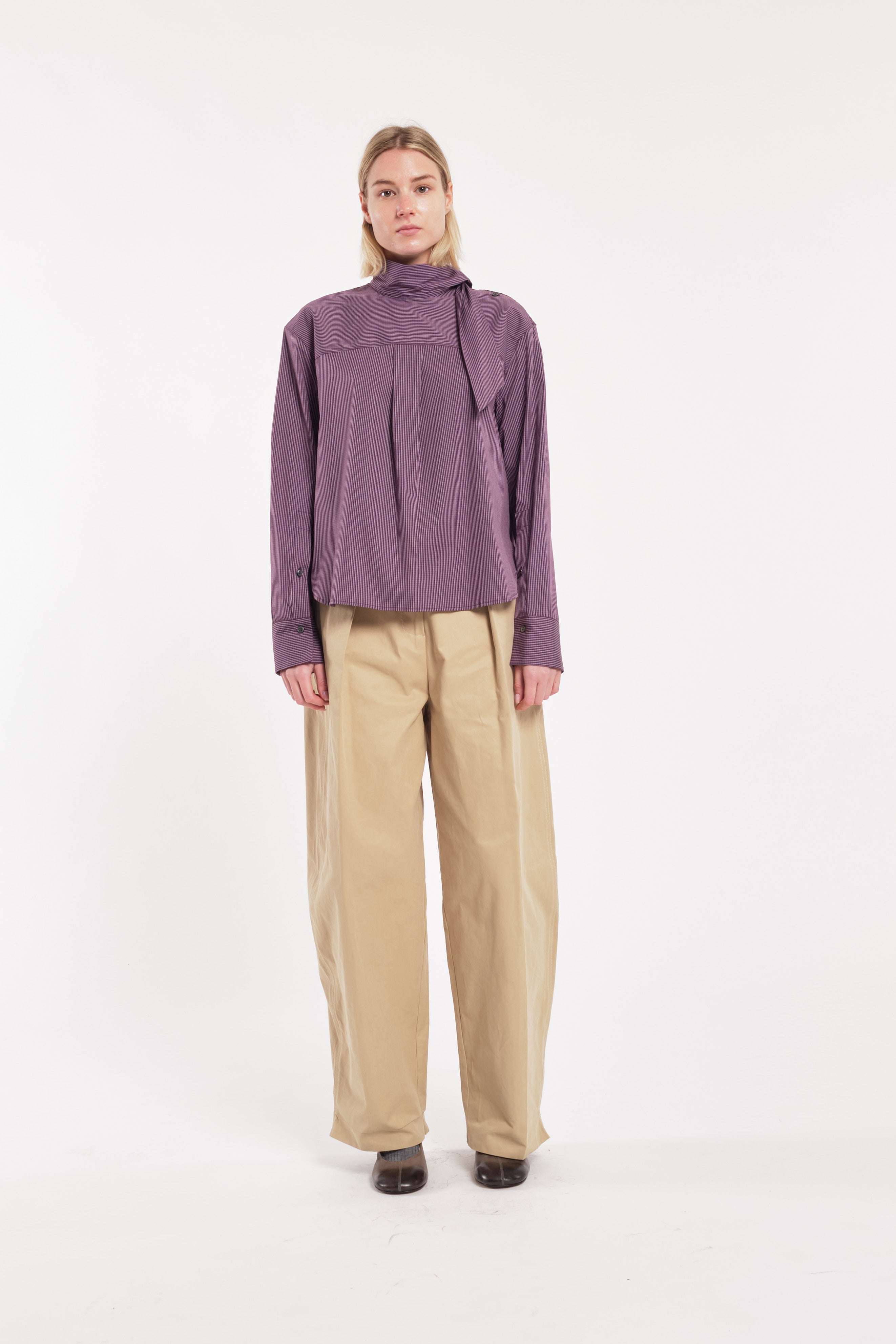Purple Micro-Check Blouse With Neck Tie Detail