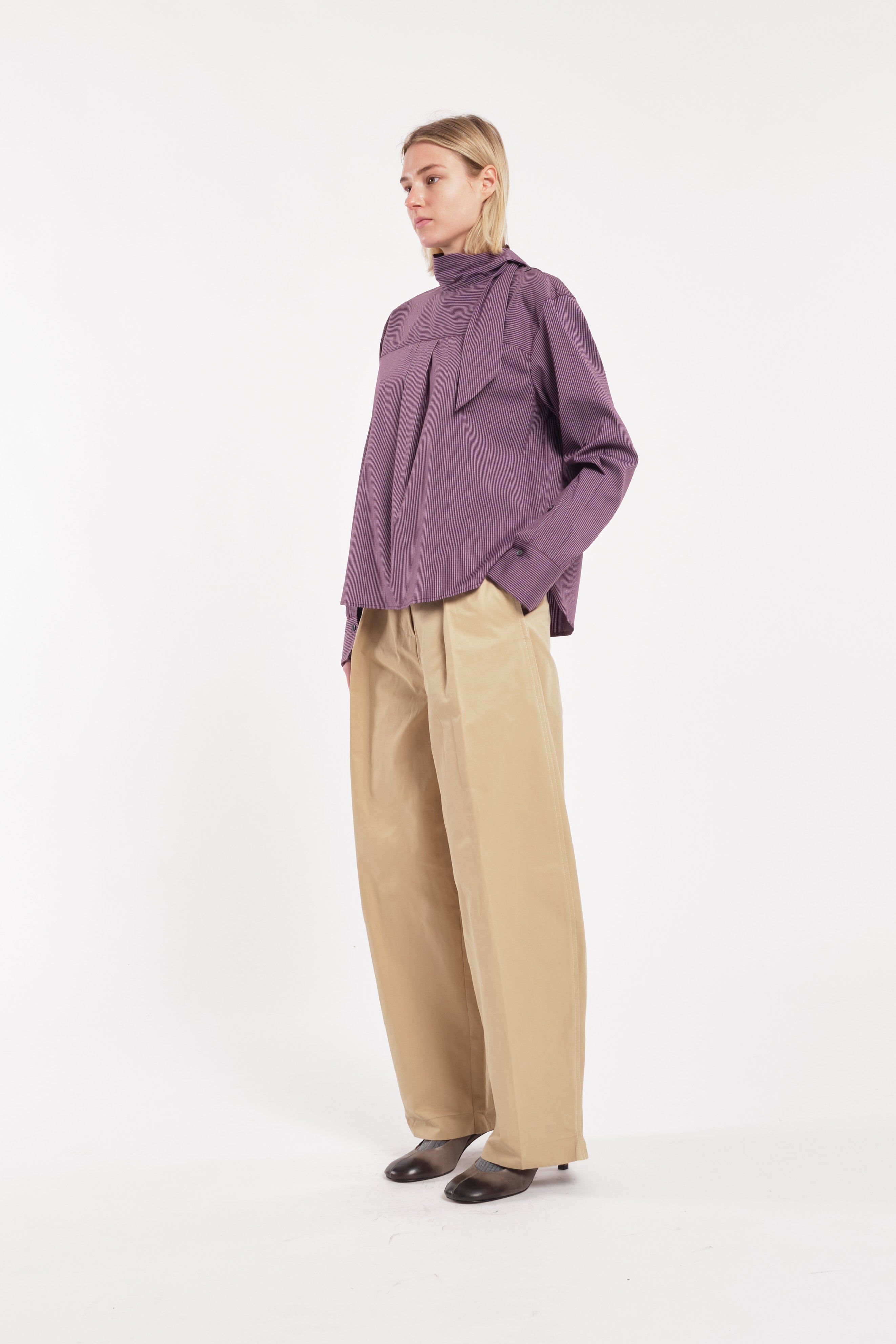 Purple Micro-Check Blouse With Neck Tie Detail