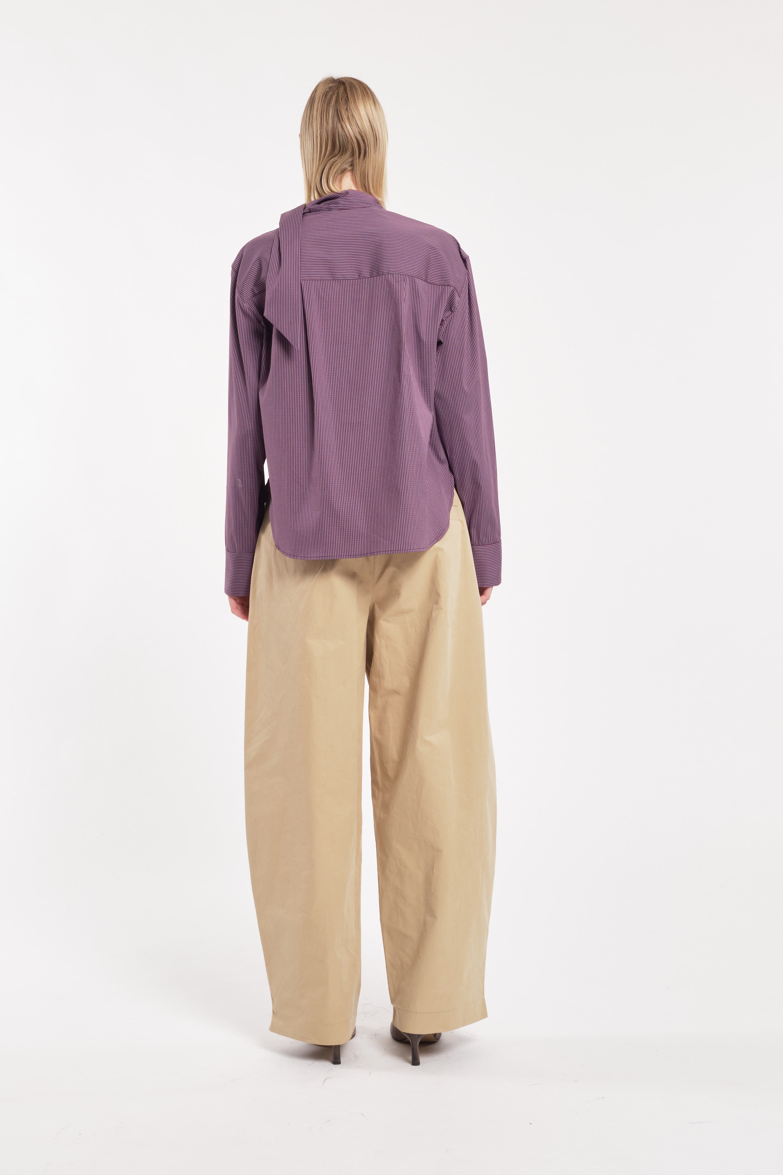 Purple Micro-Check Blouse With Neck Tie Detail